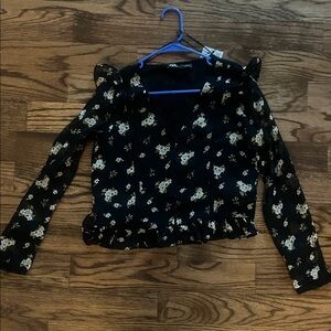 Zara Black and Cream Floral Blouse